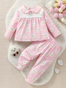 2pcs Baby Girls Casual Set With Cute Cloud Print Shirt And Long Pants, Comfortable Home Outfit