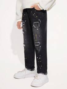 SHEIN Tween Boy Chic Fashion Street Daily Casual Hand-Made Color Spots Detail Ripped Cat Whiskers Detail Comfort Elastic Waist Zip Front Fastening Roll Up Hem Jeans With 5 Pockets, Boys Must-Have All Year Fashion Item