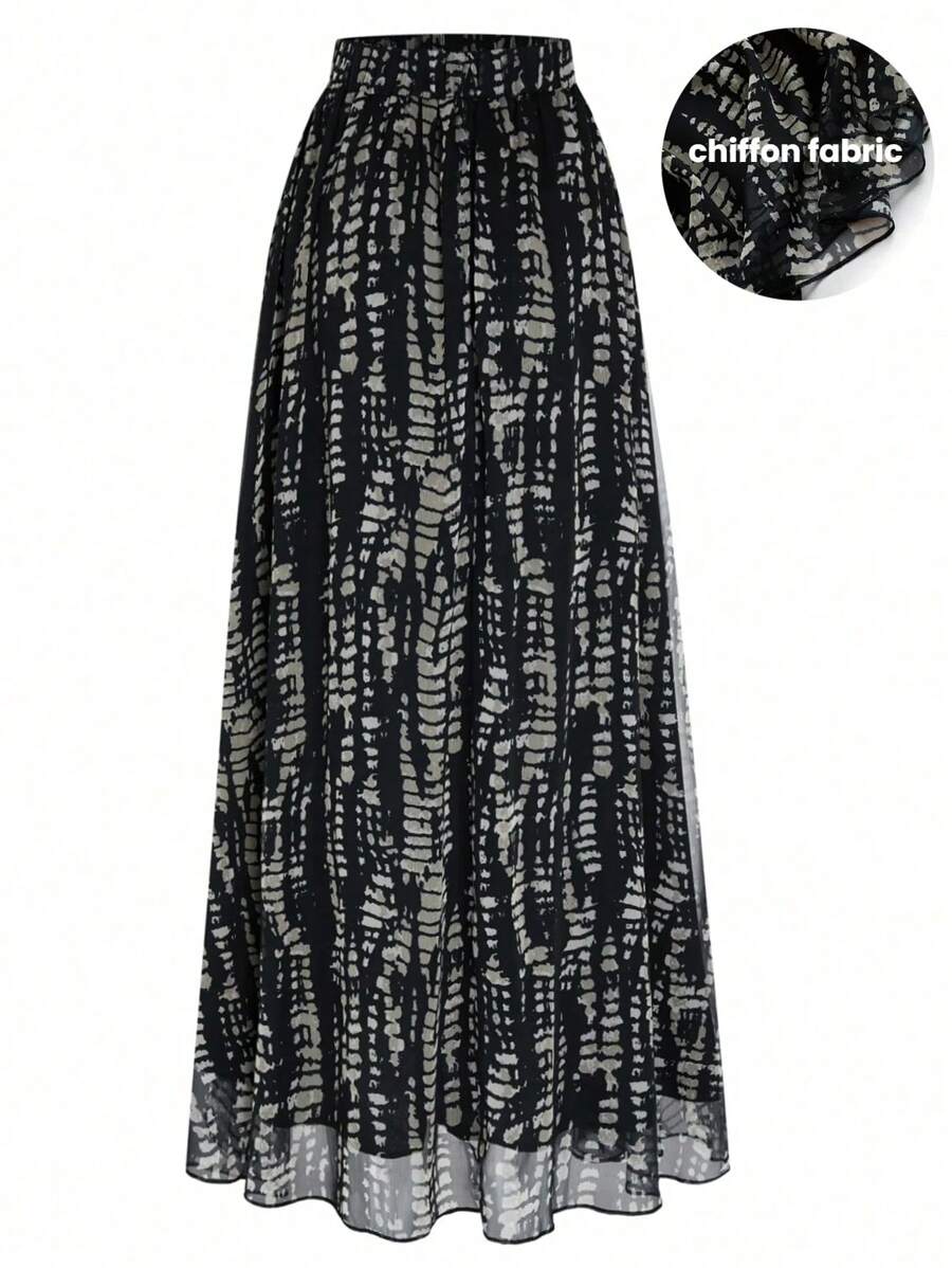 EMERY ROSE Women Casual Elastic Waist Allover Print A-Line Skirt, Suitable For Daily Wear And Outings, Autumn Maxi Women Outfit - Multicolor - View 1