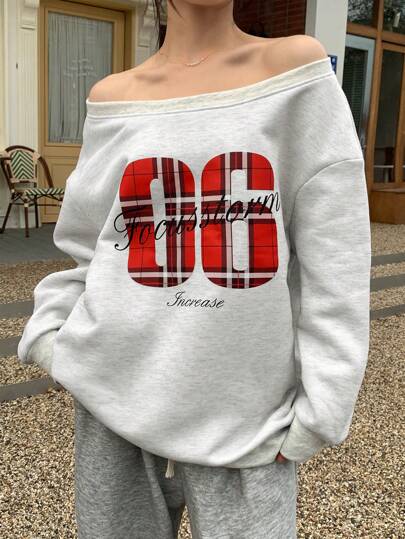 INAWLY Plus Size Slouchy Christmas Numeral Print Casual Plus Size Sweatshirt, Autumn/Winter Pullover Fall Outfit