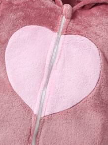 年轻女孩舒适长袖羊毛连体裤家居服，简约优雅的设计，浮雕粉色 - 藕粉色 - 查看 5