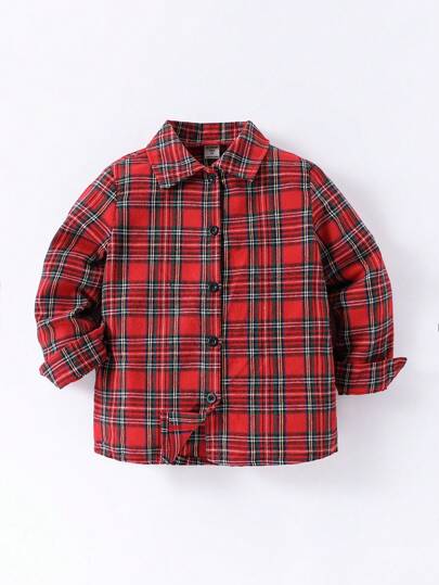 SHEIN Camisa xadrez casual simples estilo americano para meninos, com punhos ajustáveis, elegante e confortável, durável e prática, adequada para uso na primavera e no outono