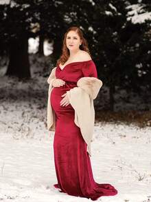 优雅丝绒V领长袖修身孕妇连衣裙，适合参加迎婴派对和拍照活动 - 酒紅色 - 查看 4