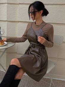 DAZY Women Stand Collar Patchwork Long Sleeve Tie Waist Mid-Length Dress,Fall Dress