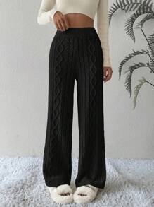 Chiquease Quần dệt kim ống rộng họa tiết thường ngày cho nữ - màu đen - Xem 3