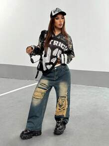 StreetHx 女式街头运动复古树叶印花拼接大字母和数字 V 领长袖 T 恤，秋季图案 T 恤女式春季上衣