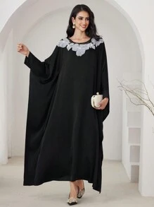 Al Najma Vestido árabe de manga larga de corte tradicional con abertura lateral, color liso, vestido de estilo modesto tipo caftán y jalabiya para uso casual diario