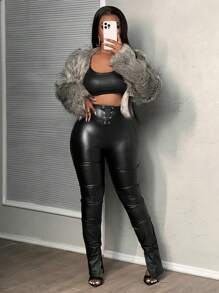 Slaydiva Quần dài thêm màu đen PU cho nữ, thiết kế xếp ly ở cả hai bên, có đường xẻ ở đường may bên trong, trang trí dây thừng ở giữa phía trước, giản dị và thanh lịch - màu nâu - Xem 5