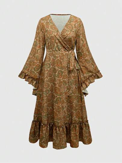 Women's Hippie Paisley All-Over Print Off-Shoulder Flutter Sleeve Asymmetrical Hem Belted Waist Mini Dress