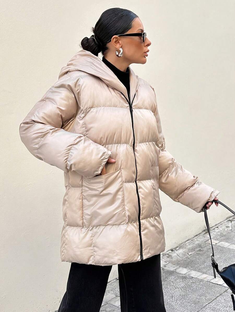 RueChic Women's Solid Color Zip Up Front Pocket Minimalist Hoodie - Beige - View 1