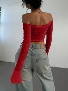 Aloruh Blusa minimalista de unicolor, hombros descubiertos, manga larga, fruncida, para uso casual diario - Rojo - Ver 2
