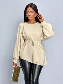 SOLERSUN Chemise à manches chauve-souris couleur abricot pour femmes, col rond et ceinture à la taille, forme en X, simple et décontractée, manches longues pour l'automne et l'hiver, tenues d'automne, vêtements d'hiver - Nude - Voir 4