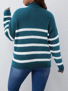 SHEIN Franclia Áo len chui đầu kẻ sọc cổ lọ rộng rãi thời trang thu đông cho nữ cỡ lớn - Màu xanh lam - Xem 2