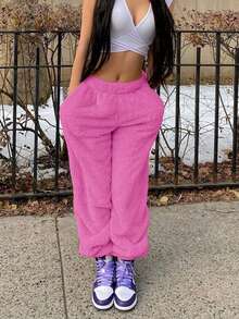 Men's Solid Color Pocket Simple Warm Fleece Pants, Casual Daily Wear - Hot Pink - View 6