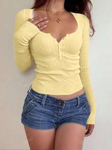 Mystra Women Casual Button Up Ribbed Slim Fit Long Sleeve Sweater , T-Shirt Suitable For Summer And Autumn/Winter Seasons