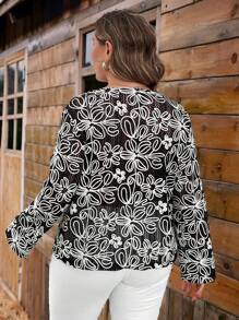 SHEIN VCAY Große Größen lässige Bluse mit Vorderknoten und Blume Muster, Herbst