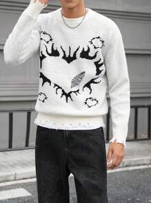 Manfinity EMRG Jersey informal de cuello redondo de manga larga con estampado de corazones para hombre, apto para otoño/invierno