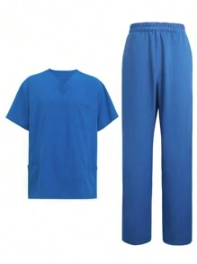 Manfinity 男士纯色短袖长裤休闲医疗制服套装，秋季