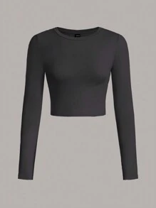 SHEIN EZwear 2 chiếc áo thun cổ tròn tay dài ôm sát viền ngắn màu xám đậm/đen đơn giản, áo thun đa năng phù hợp cho nữ, thích hợp cho mùa xuân/thu - Nhiều màu - Xem 4