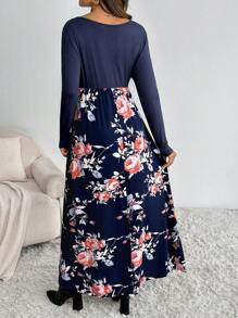 SHEIN Maternity Nursing Dress, V-Neck Long Sleeve Patchwork Printed Maternity Dress, Blue - Navy Blue - View 2