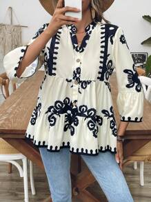 女士全印花 V 领荷叶边下摆衬衫荷叶边上衣 - 杏色 - 查看 1