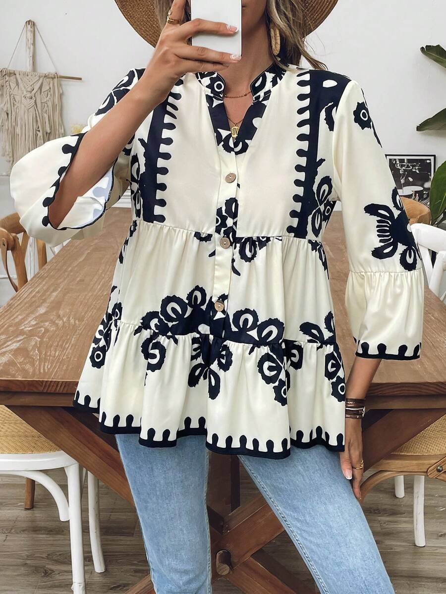 女士全印花 V 领荷叶边下摆衬衫荷叶边上衣 - 杏色 - 查看 1