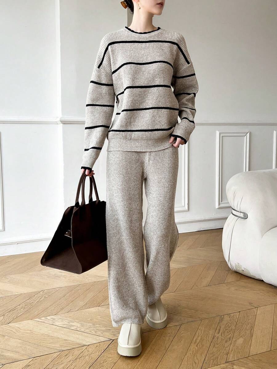 Mulvari Ensemble femme 2 pièces: Top à manches longues col rond imprimé rayures et pantalon couleur unie, ensemble tricoté 2 pièces