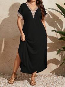 EMERY ROSE Vestido de verano de manga corta con encaje para mujer de talla grande - Negro - Ver 1
