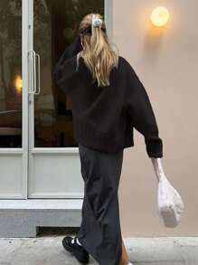 INAWLY 女士纯色简约日常长袖针织开衫 秋冬款 - 黑色 - 查看 2