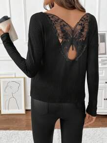 SHEIN LUNE Camiseta de manga larga de mujer con cuello redondo, de unicolor, con inserciones de malla y espalda descubierta - Negro - Ver 3