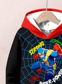 SHEIN 年轻男孩休闲宽松舒适日常酷炫雷达蜘蛛网超强力蜘蛛英雄图案针织长袖运动衫，适合秋冬季 - 彩色 - 查看 3