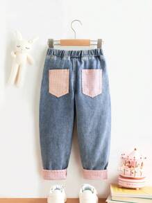 Young Girls All-Match Versatile Plaid Pocket Patchwork Washed Straight Leg Jeans, Suitable For Daily Wear