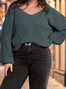 Calvaya 大码女式休闲纯色 V 领灯笼袖套头衫，冬季