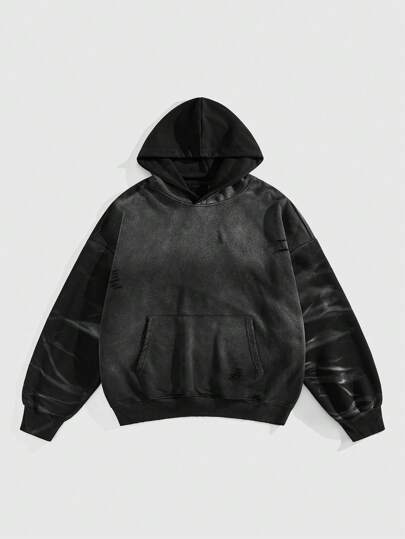 Street Life Oversized Men's Heavyweight Vintage Washed Spotted Spray Print Hooded Sweatshirt, Streetwear Style