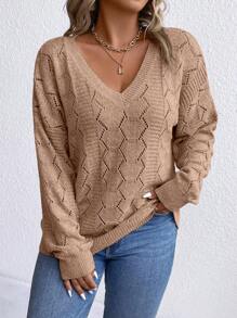 EMERY ROSE Áo len dài tay cổ chữ V trơn, cỡ lớn, kiểu dáng đơn giản, thích hợp mặc hàng ngày, áo len mùa đông và mùa thu. - Lạc đà - Xem 6