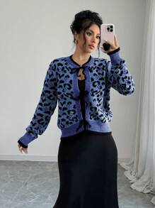SHEIN Unity 1pc Women Leopard Print Bowknot Front Cardigan - Royal Blue - View 7