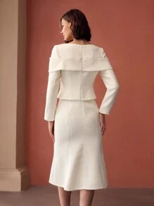 MOTF PREMIUM فستان ميدي بقصة حورية البحر مع زخرفة أمامية على شكل ربطة عنق وزهرة ثلاثية الأبعاد وياقة على شكل قلب وحافة متباينة من نسيج التويد