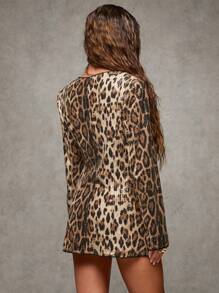 SHEIN BAE 女士秋季复古时尚豹纹亮片西装外套冬季女装女士豹纹夹克感恩节女装冬季女士外套圣诞女装女士西装外套性感复古棕色豹纹亮片 V 领收腰套装性感派对圣诞装 - 棕色 - 查看 5