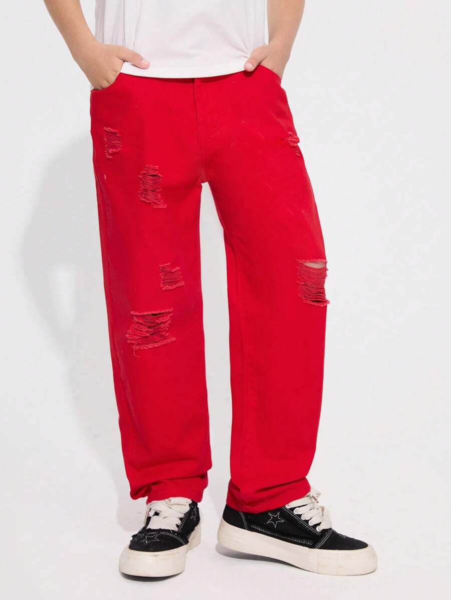 Tween Boy Casual Red Distressed Straight Leg Jeans, Christmas - Red - View 1