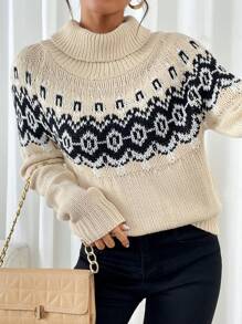 SHEIN LUNE Women's Fall Winter Casual Minimalist Geometric Pattern Long Sleeve Sweater Knit Pullover - Apricot - View 1