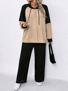 Bộ 2 món cỡ lớn, áo hoodie và quần thường ngày, trang phục thời trang phối màu cho nữ - Nhiều màu - Xem 4