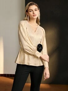 MOTF Soiréza Parte superior tipo peplum de fiesta con contraste de flor estereoscópica, manga farol y escote en V - Dorado - Ver 9