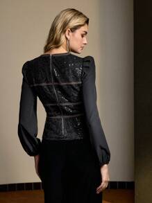 MOTF PREMIUM 亮片刺绣泡泡袖修身上衣