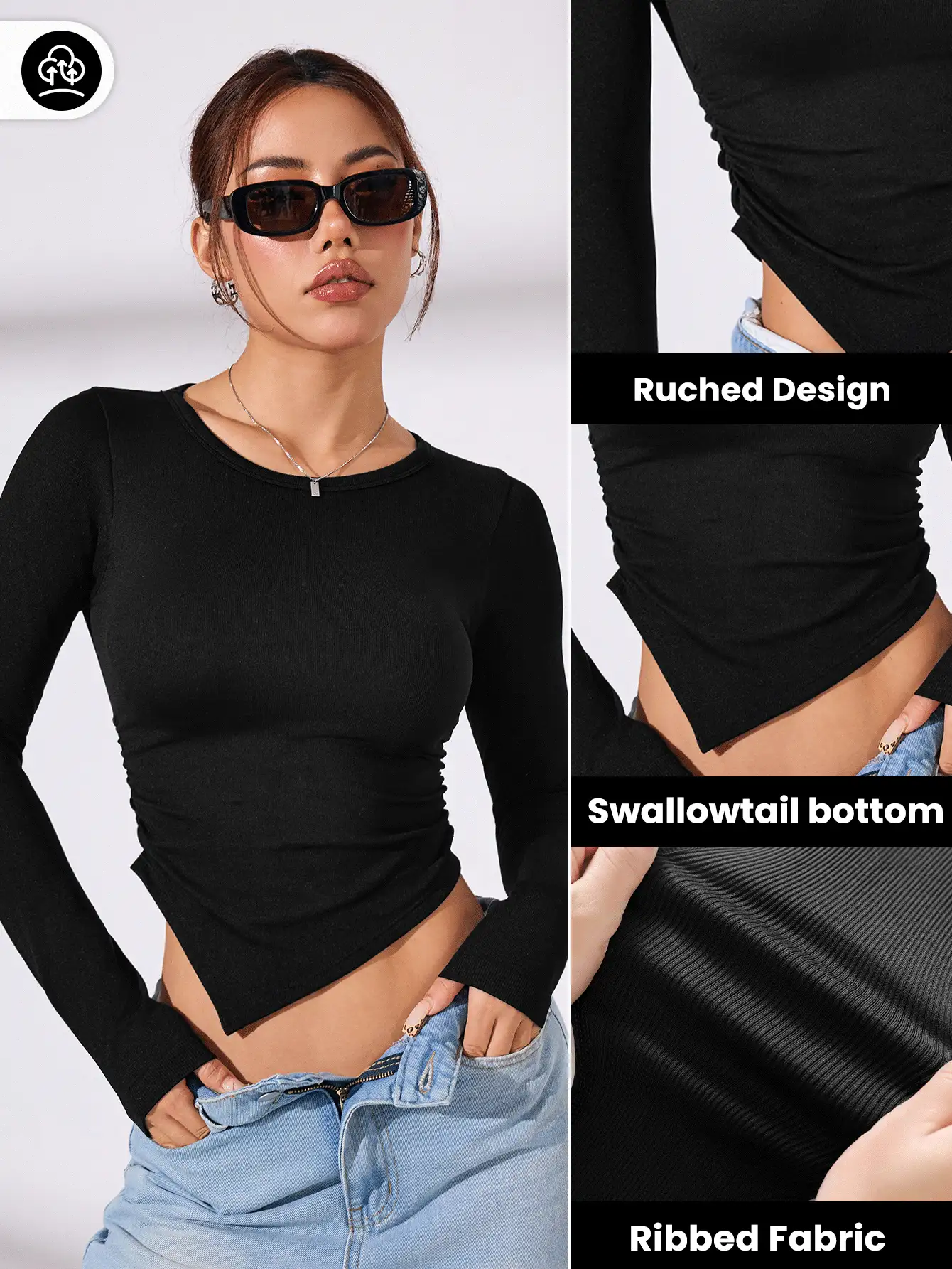 Eassivo Eassivo 无缝高弹力不对称下摆长袖运动上衣 - 黑色 - 查看 3