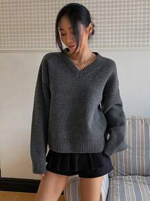 DAZY 1 件女士简约纯色宽松 V 领长袖毛衣，适合秋冬季，秋季女装 - 灰色 - 查看 3