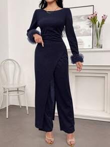 Modelyn Women 2pcs Set Solid Color Ruffle Trim Round Neck Blouse And Pants, Casual Outfit - Royal Blue - View 6