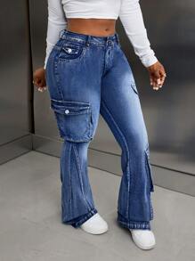 SHEIN Slayr 低腰性感喇叭腿女式工装牛仔裤 - 藍色 - 查看 6