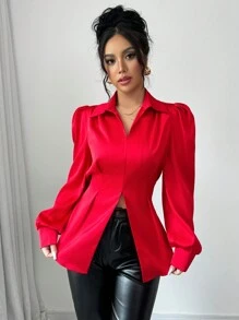 Elenzga V 领褶皱羊腿袖性感优雅系腰蝴蝶结长袖衬衫，带有设计细节，适合新年假期派对服装 - 紅色 - 查看 3