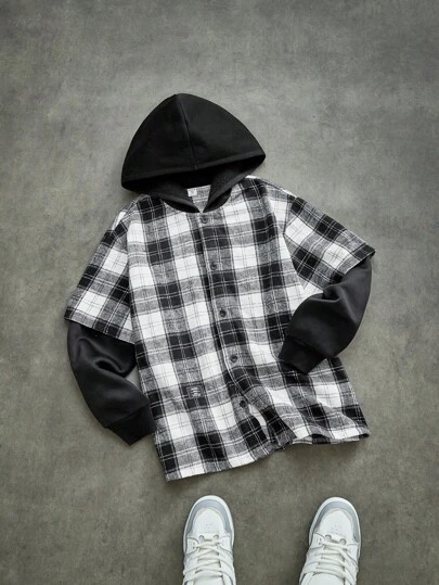 SHEIN Teens Boys' Loose Casual Plaid Patchwork Hooded Shirt