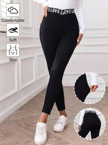 SHEIN LUNE Women Casual Ribbed Letter Patchwork Leggings, Basic Autumn/Winter Everyday Wear - Black - View 3